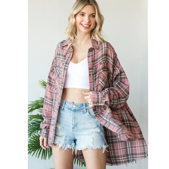 324P OLI & HALI Pink Combo Mineral Wash Plaid Flannel Shirt - Picture 1 of 3